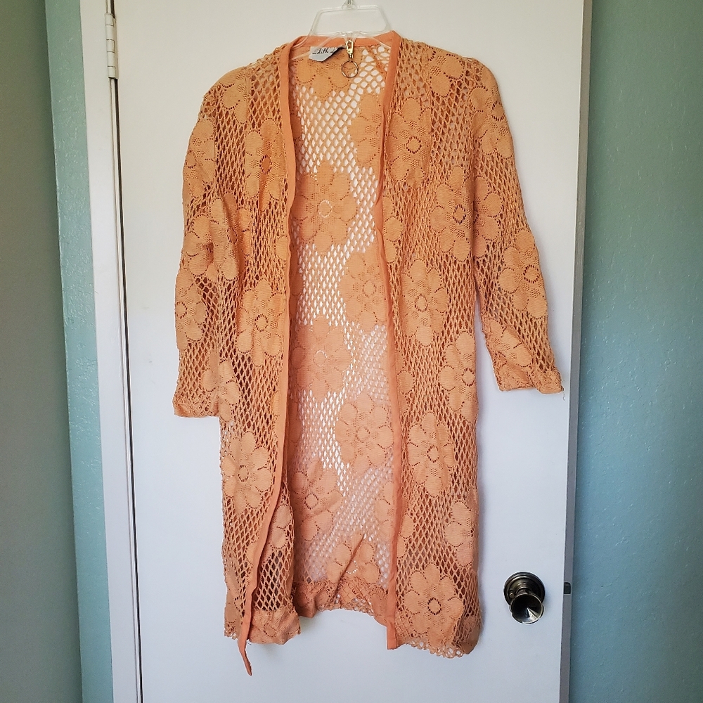 Vtg Edith Flagg Long Elegant Lace Open-Front Jacket - Peach XS Grannycore